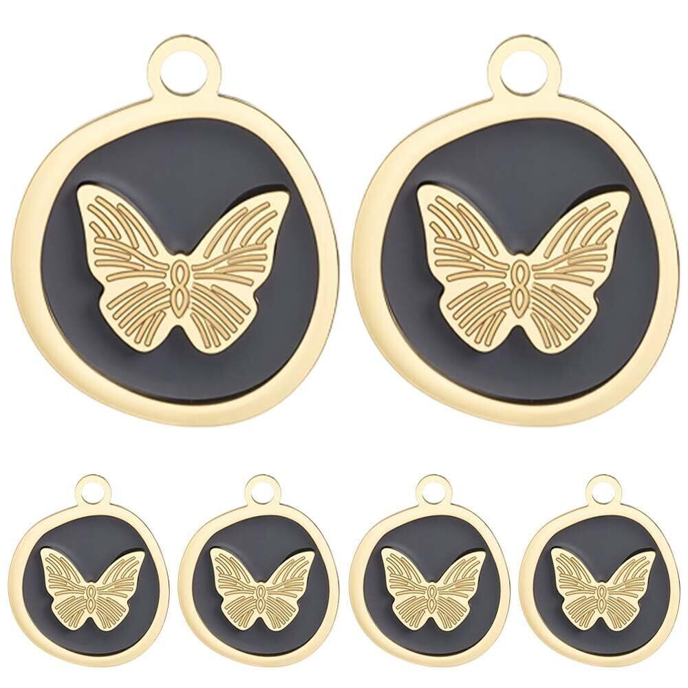 8294 1 Box 8Pcs Black Enamel Flat Round Charm 18K Gold Plated 201 Stainless